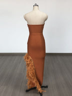 Ostrich Feather Bandage Dress With V-Neckline In Brown Flowering Girl