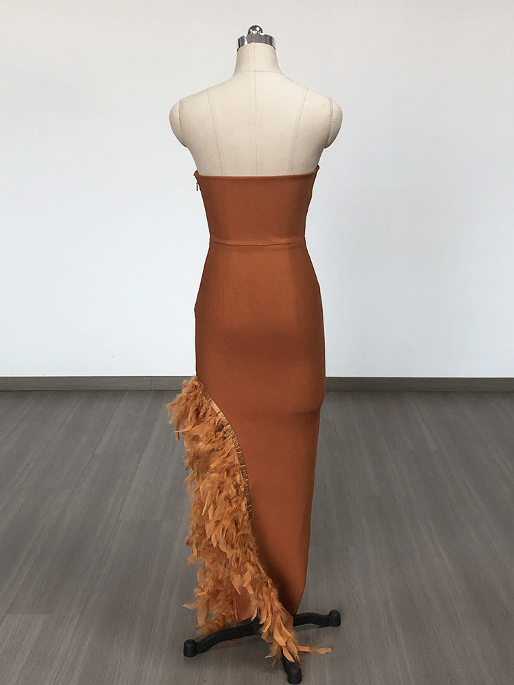 Ostrich Feather Bandage Dress With V-Neckline In Brown Flowering Girl