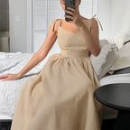 Cotton Linen Backless Strap Midi Dress Flowering Girl
