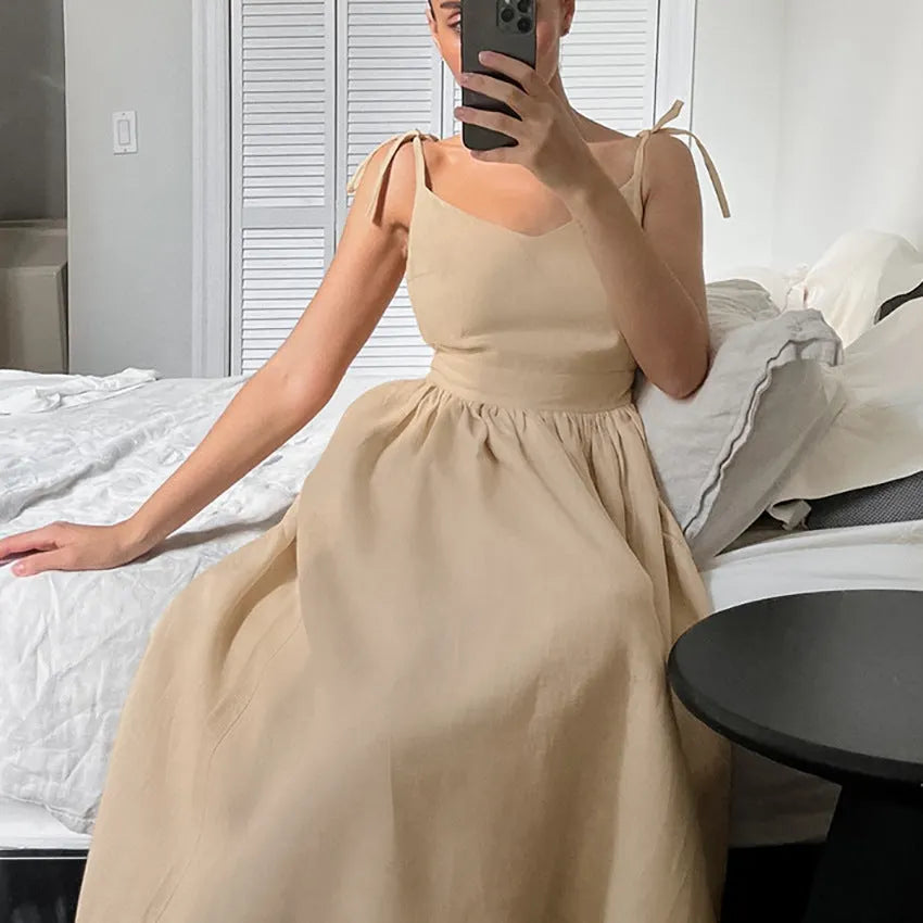 Cotton Linen Backless Strap Midi Dress Flowering Girl