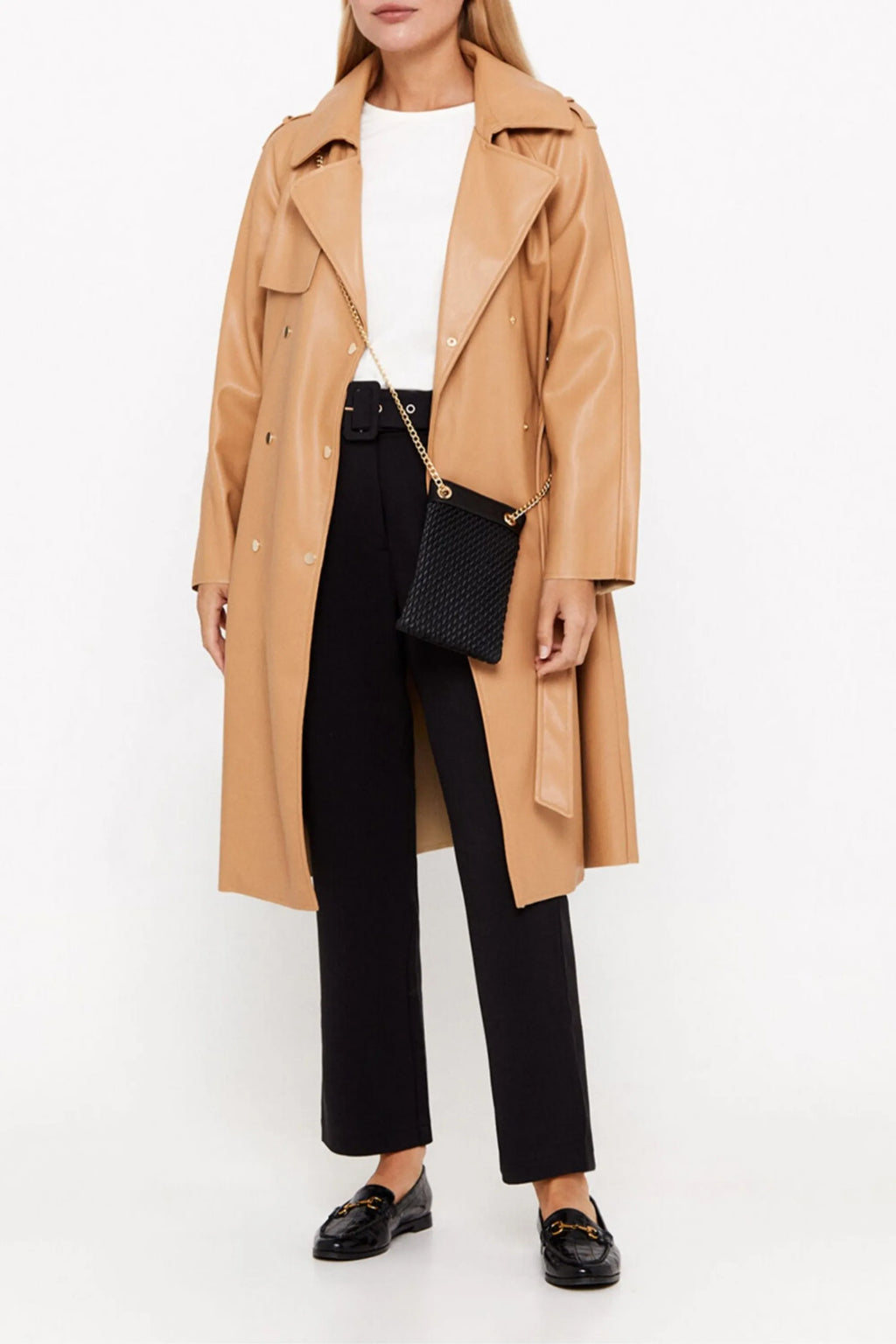 Faux Leather Double-Breasted Coat In Brown Yellow Flowering Girl