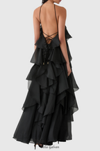 Caysie Halter Floral Ruffle Layered Maxi Dress in Black Flowering Girl