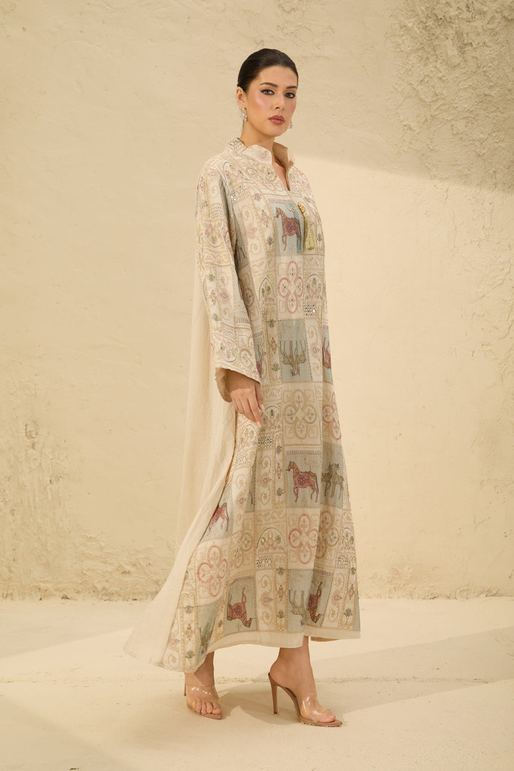 Cream Horse Patchwork Print Stand Collar Bell Sleeve Long Kaftan Dress Flowering Girl