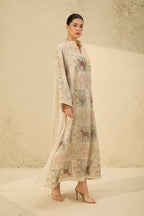 Cream Horse Patchwork Print Stand Collar Bell Sleeve Long Kaftan Dress Flowering Girl