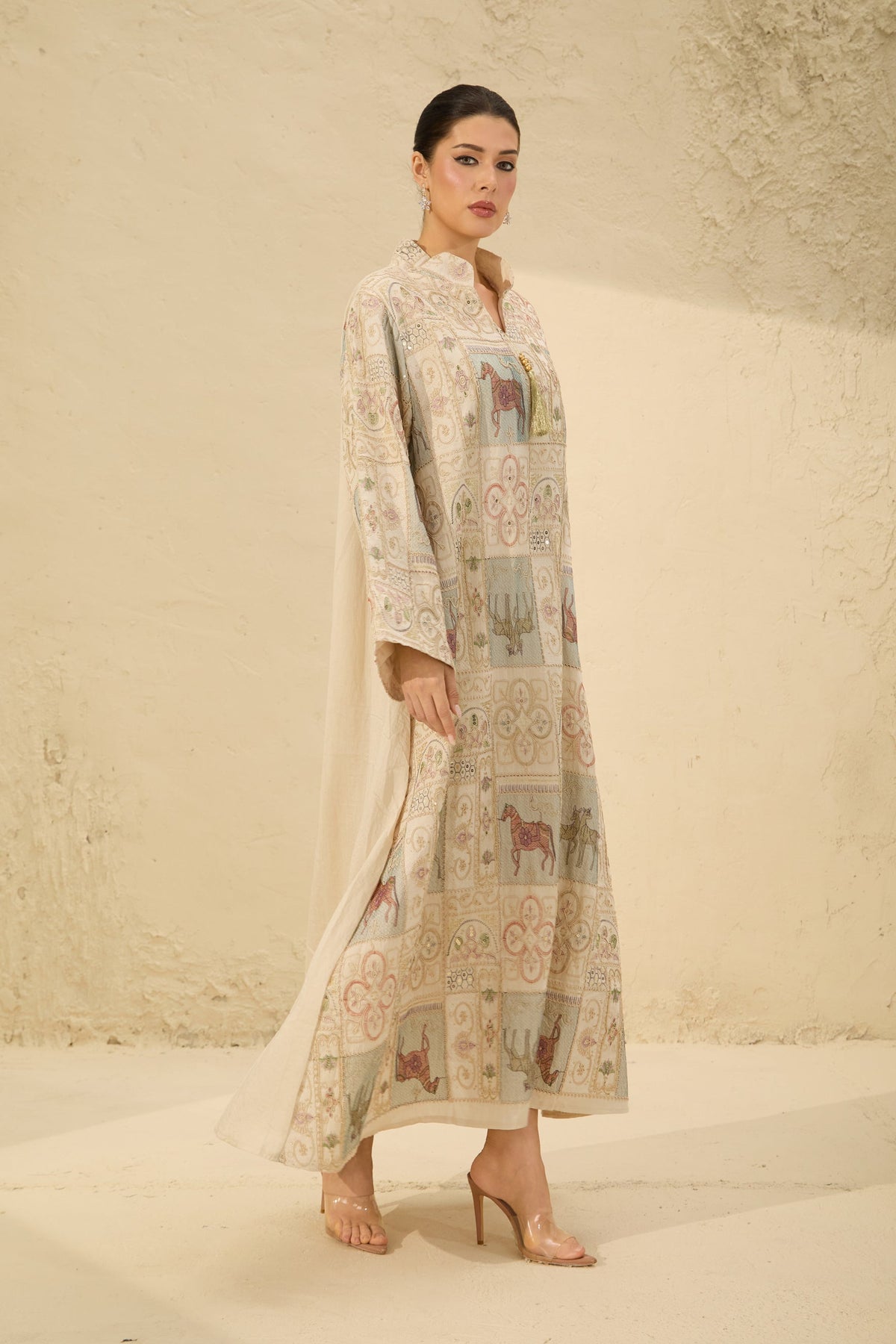 Cream Horse Patchwork Print Stand Collar Bell Sleeve Long Kaftan Dress Flowering Girl