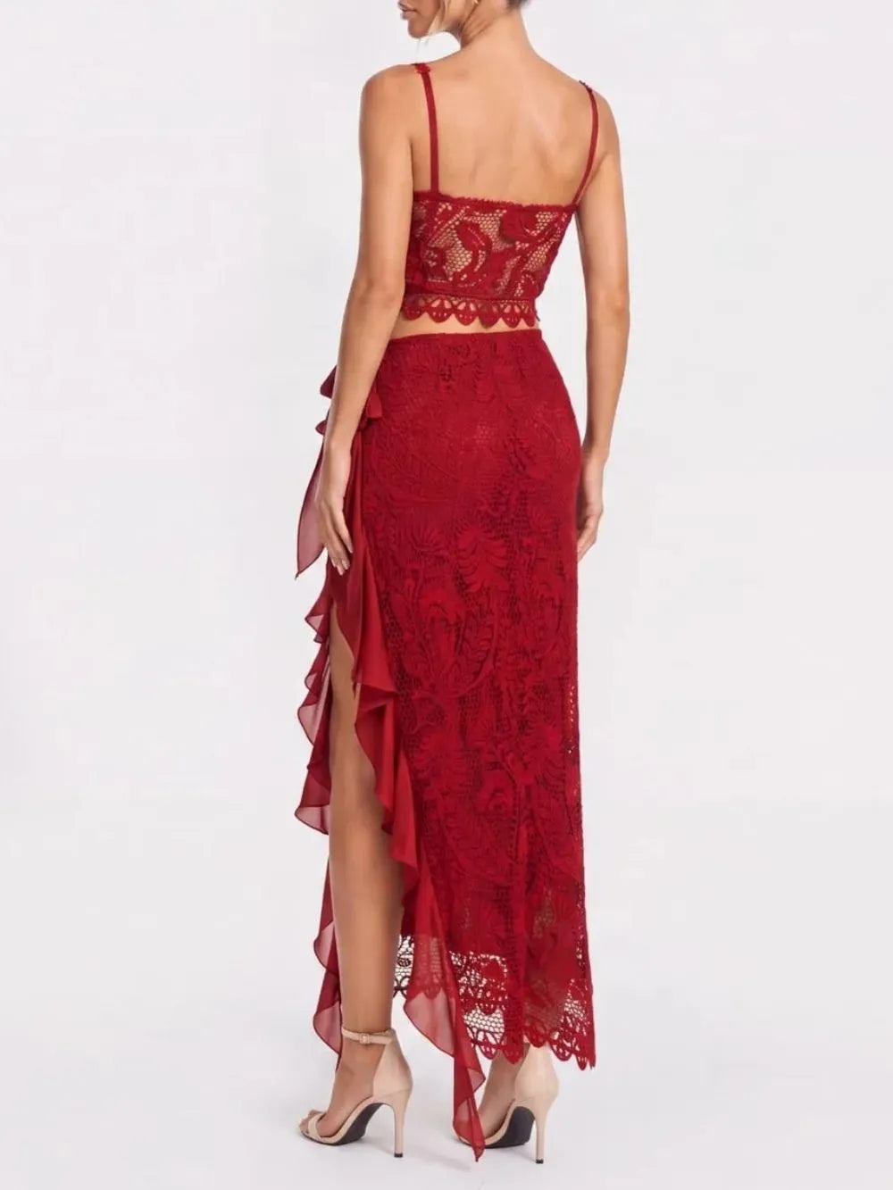 Quessar Spaghetti Ruffle Split Skirt Set Flowering Girl