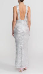Sequin Maxi Dress With Satin Bow Detail - Light Grey Flowering Girl