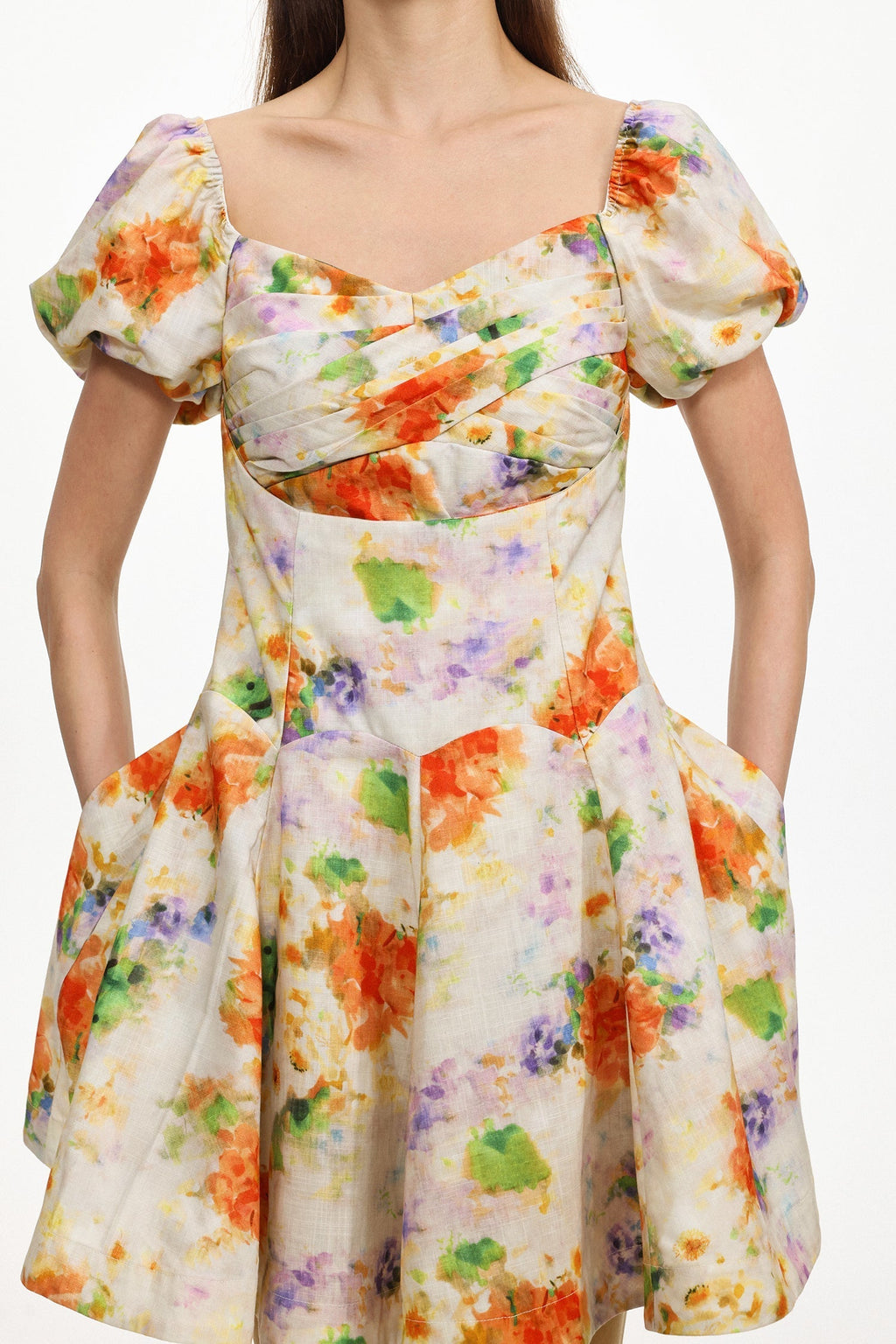 Gearoid Ruched Puff Sleeve Floral Print Woven Mini Dress Flowering Girl