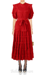 Lace ruffle trim layer midi dress in red Flowering Girl