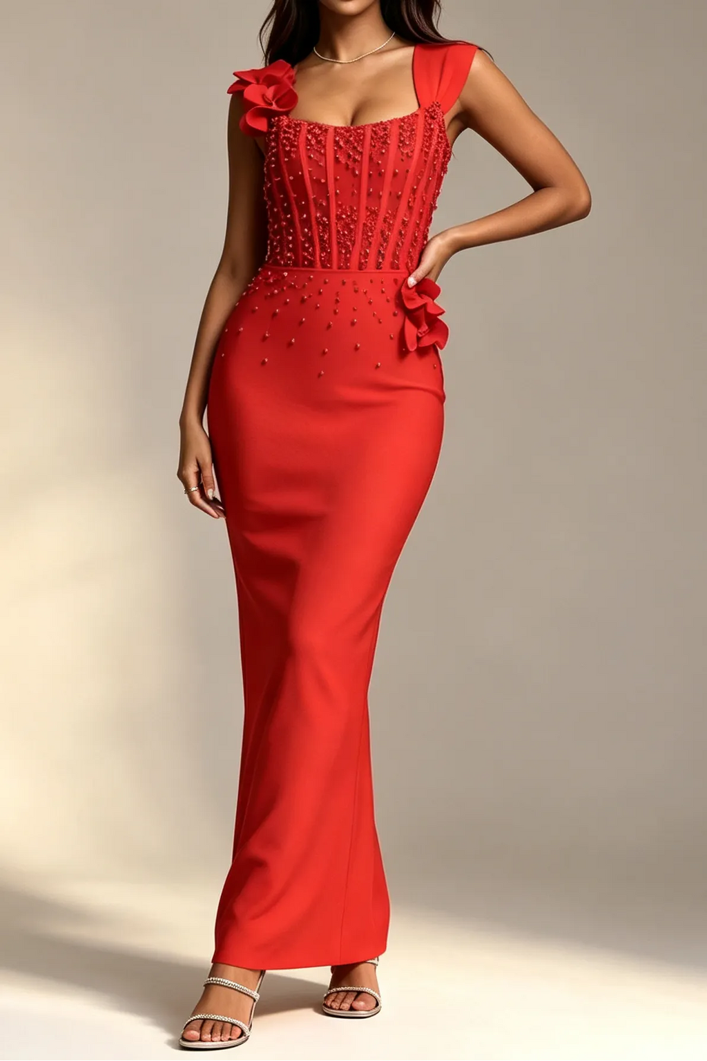 Red Square Neck Sleeveless Corset Beaded 3D Floral Bodycon Mermaid Maxi Dress Flowering Girl