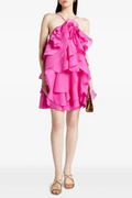 Lorraine Halter Floral Ruffle Layered Mini Dress In Fuchsia Flowering Girl