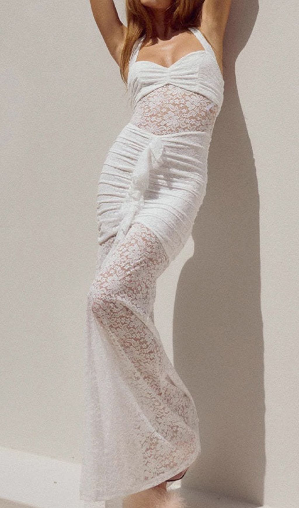 Fusayo White Halter Ruched Lace Maxi Dress Flowering Girl