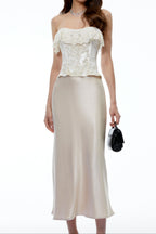 Strapless Ruffle Lace Trim Velvet Jacquard Corset Top Flowering Girl