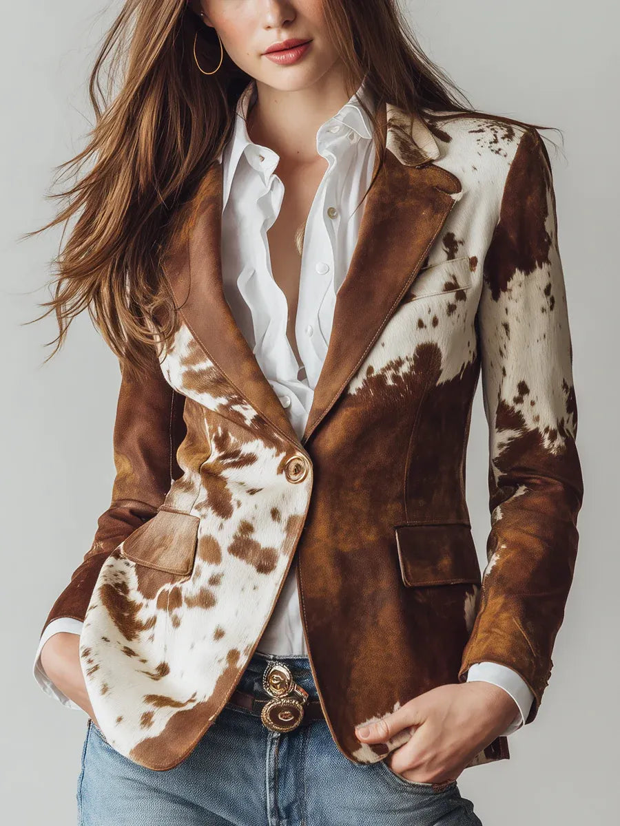 Retro Brown Cow Print Suit Jacket Flowering Girl