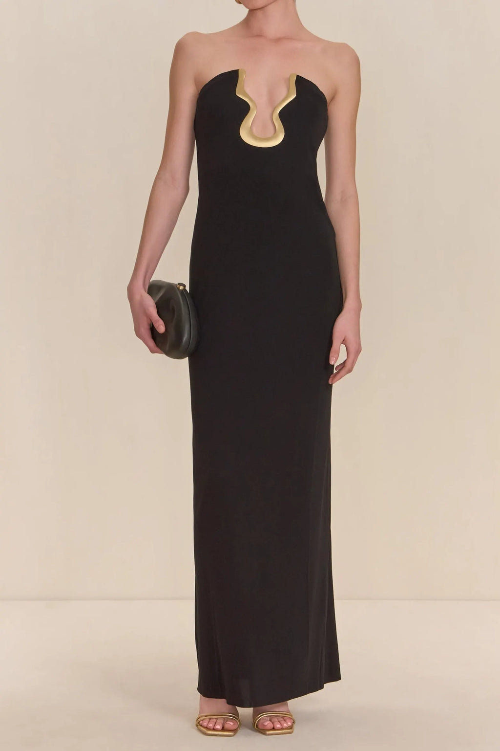 signature gold hardware cutout strapless column gown in black Flowering Girl