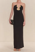signature gold hardware cutout strapless column gown in black Flowering Girl