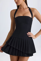 Asymmetric Layered Halterneck Mini Dress In Black Flowering Girl