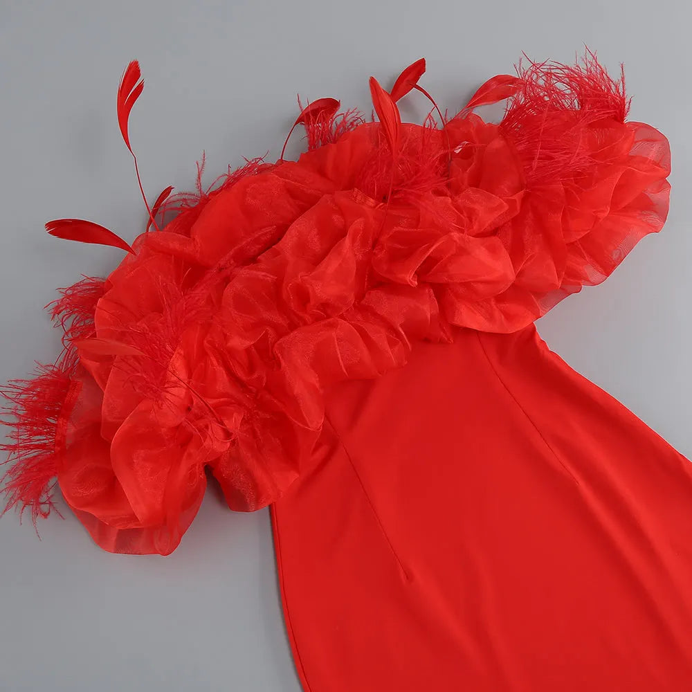 Off-Shoulder Puffy Flower Mini Dress In Red Flowering Girl