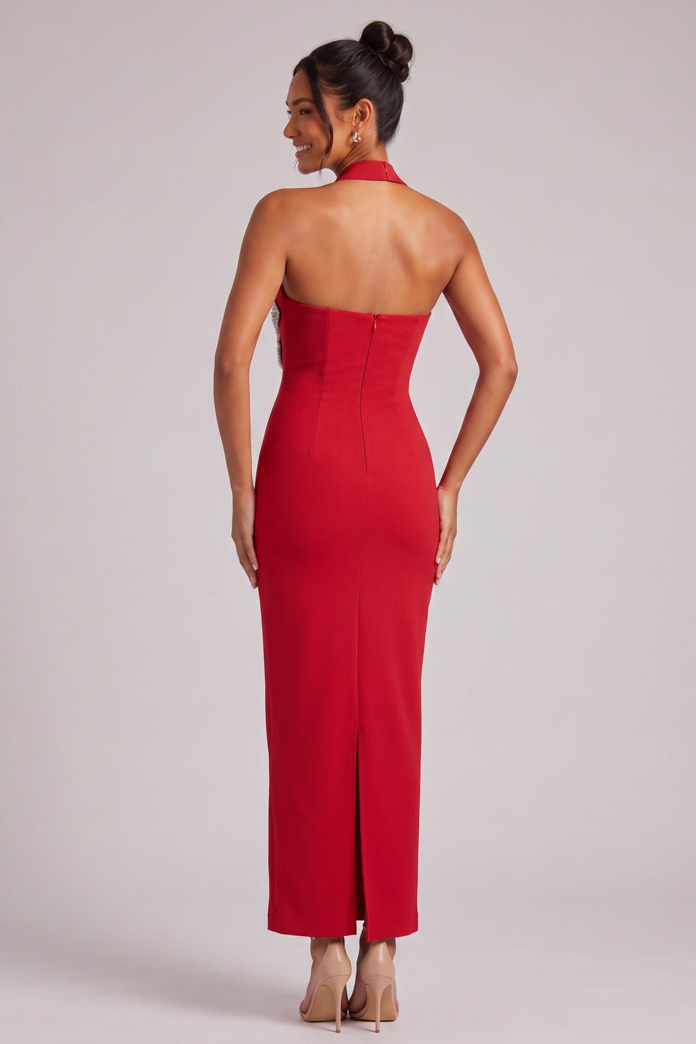 Red Halter Maxi Dress with Silver Floral Embellishment Flowering Girl