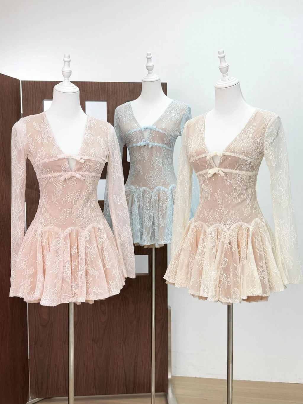 Eileen Long-Sleeve v-Neck Lace A-Line Mini Dress In Pink Flowering Girl