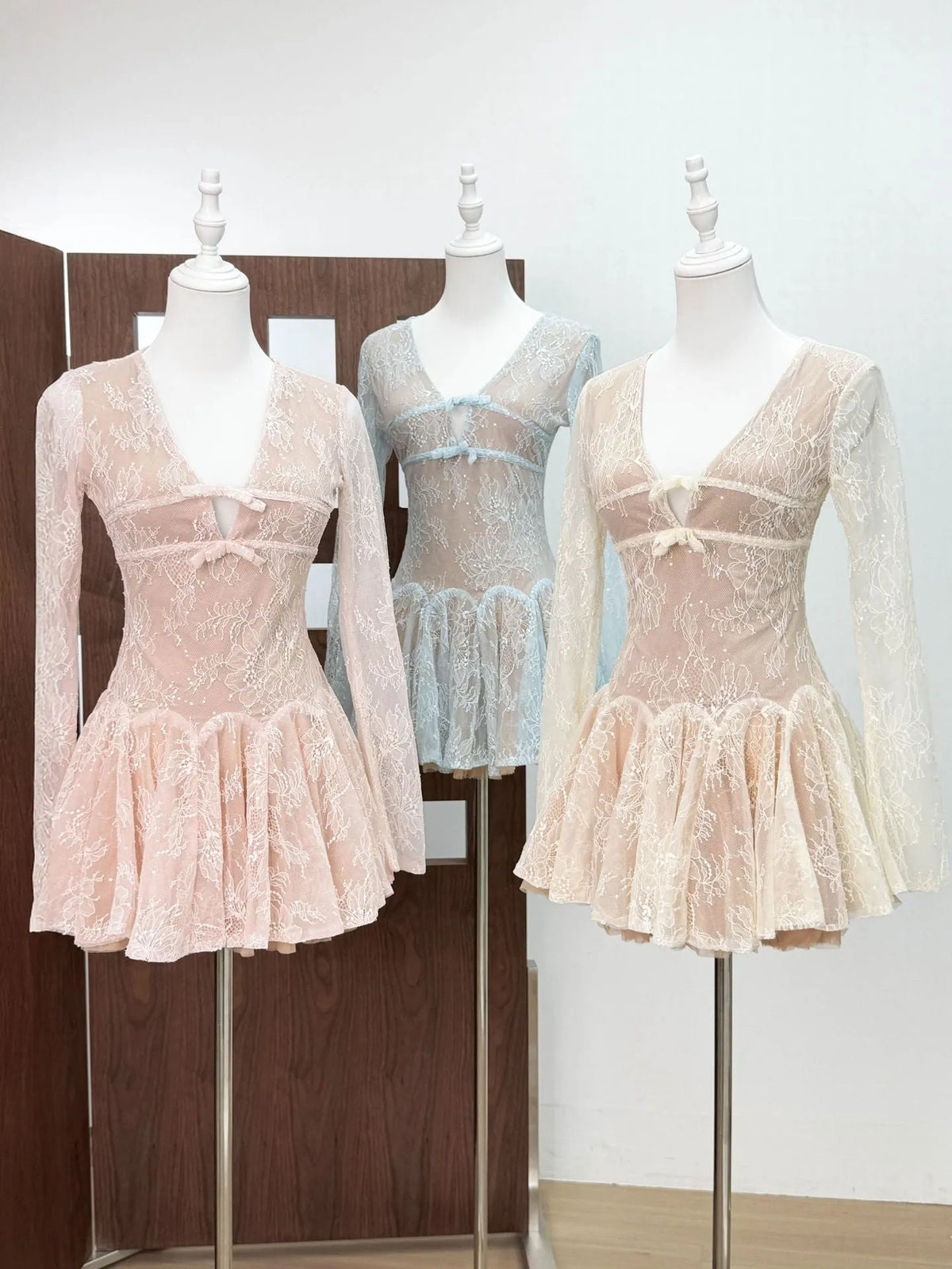 Eileen Long-Sleeve v-Neck Lace A-Line Mini Dress In Pink Flowering Girl