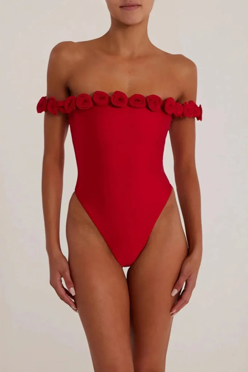 3d Flower Strapless Bodysuit In Red Flowering Girl