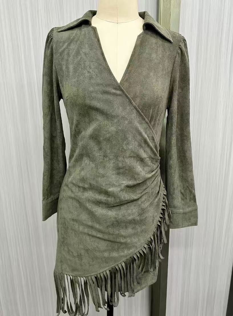 Olive Green Faux Suede V-Neck Wrap Mini Dress Flowering Girl