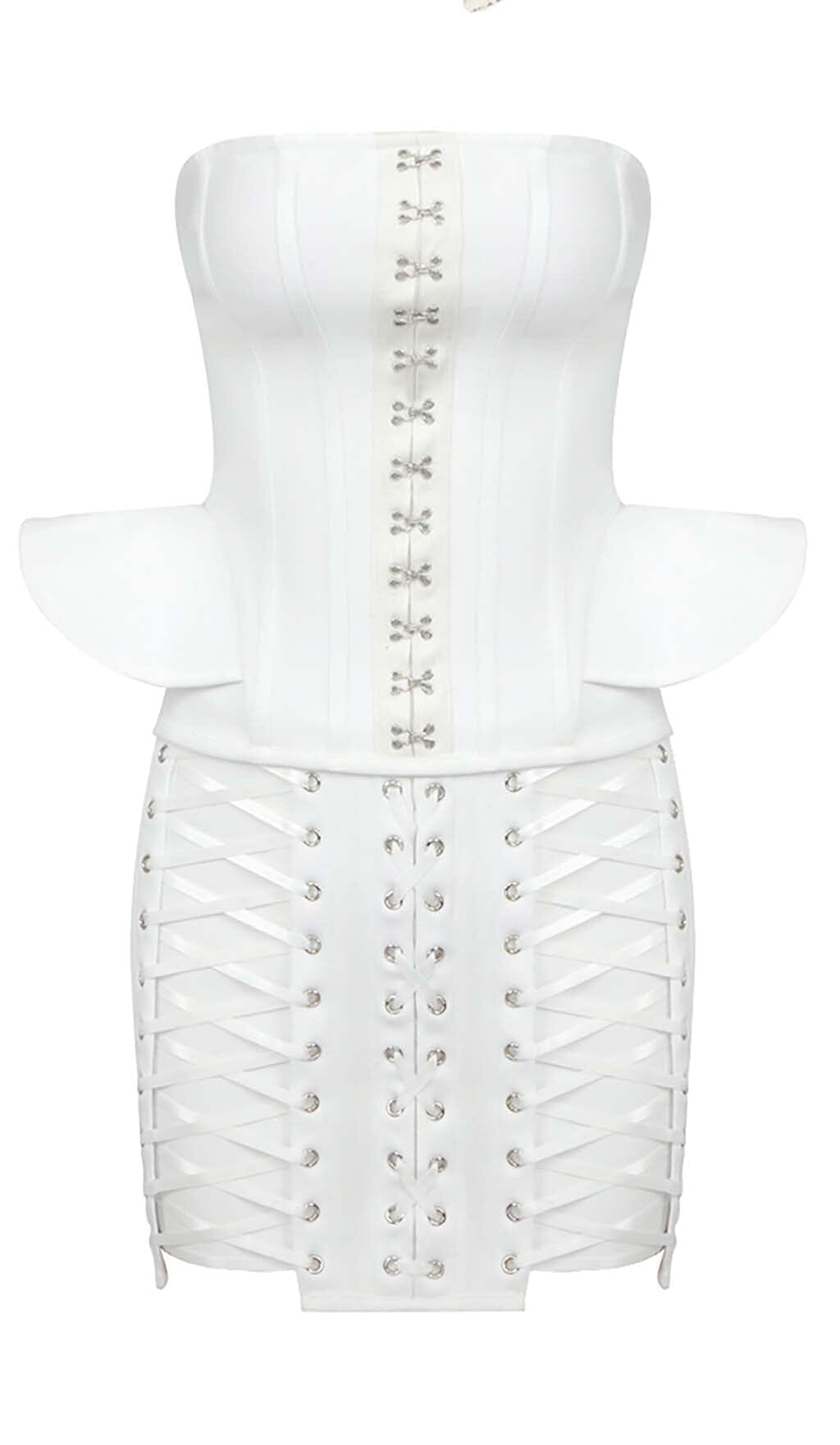 Lace-Up Off Shoulder Mini Dress In White Flowering Girl