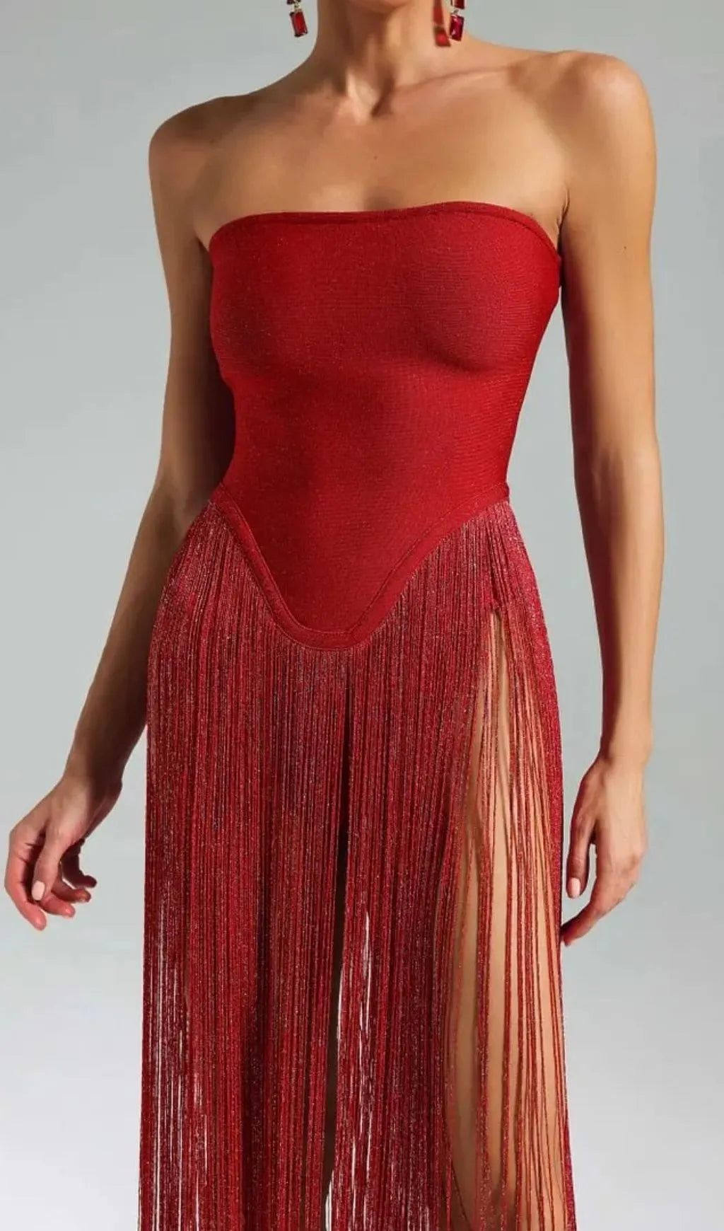 Helen Bodysuit Fringe Strapless Mini Dress In Red Flowering Girl