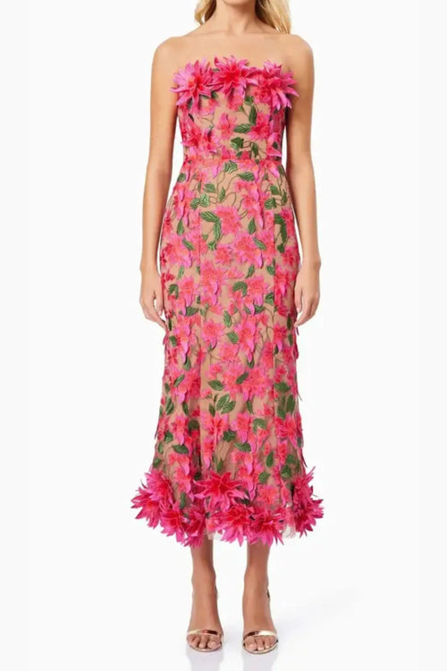 3D Flower Embroidery Strapless Midi Dress In Rose Red Flowering Girl