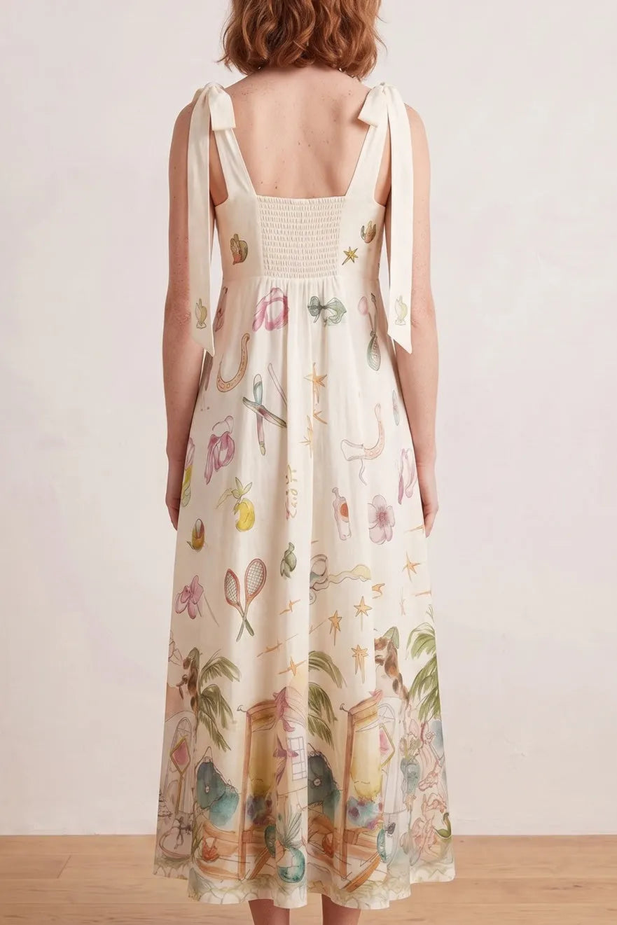 Bow Strap Whimsical Print Empire Midi Dress Flowering Girl