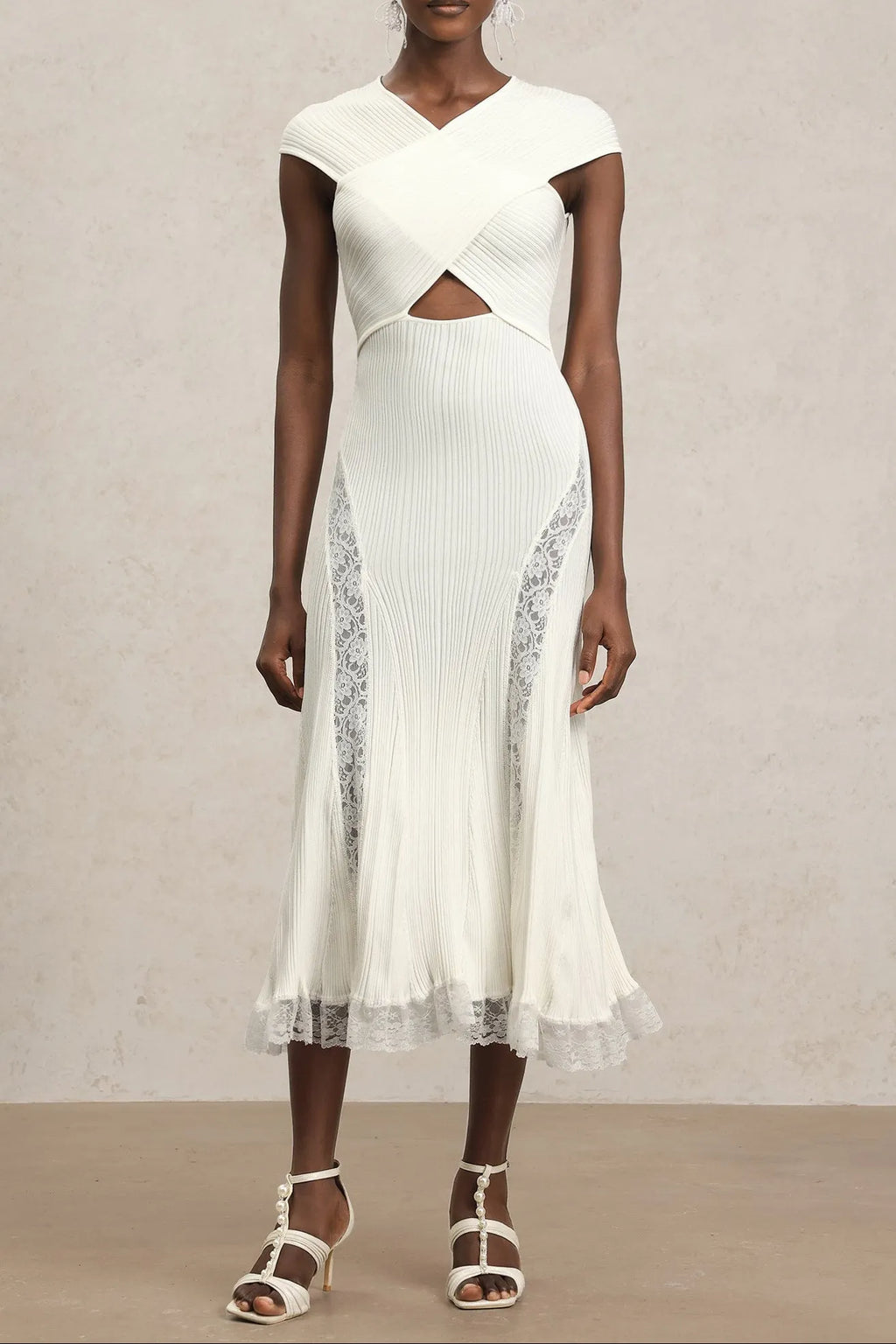 Rcia Sleeveless Lace Hollow Out Bandage Midi Dress Flowering Girl