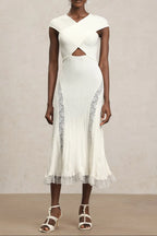 Rcia Sleeveless Lace Hollow Out Bandage Midi Dress Flowering Girl