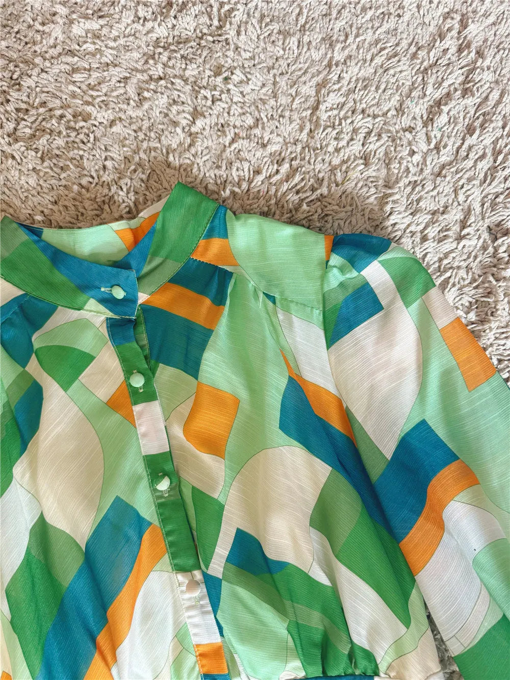 Green Color-Block Button Dress Flowering Girl