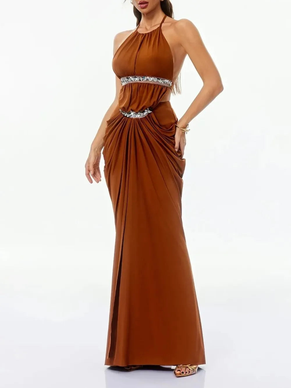 Haxorin Halterneck Sequin Ruched Maxi Dress Flowering Girl