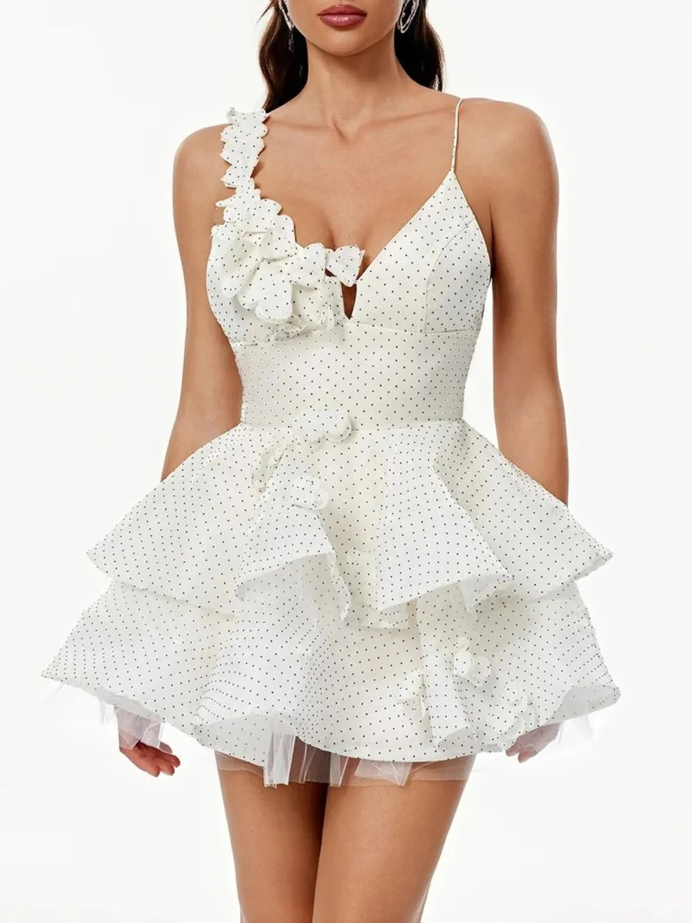 Xexis V Neck Tiered Dot Mini Dress In White Flowering Girl