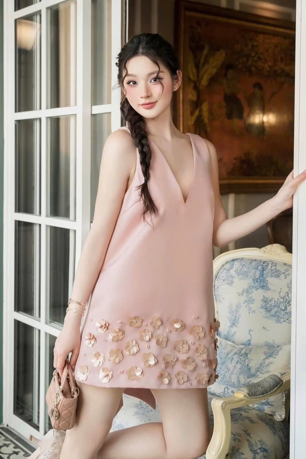 Flower Sleeveless v-Neck Mini Dress In Pink Flowering Girl