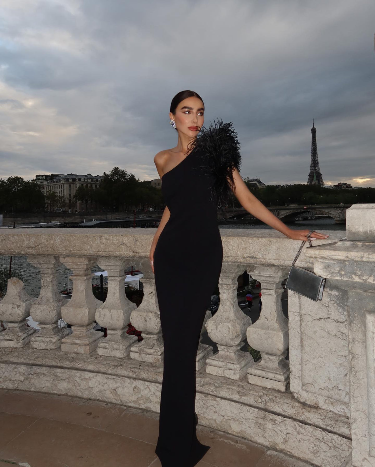 Black One-Shoulder Feather Maxi Dress