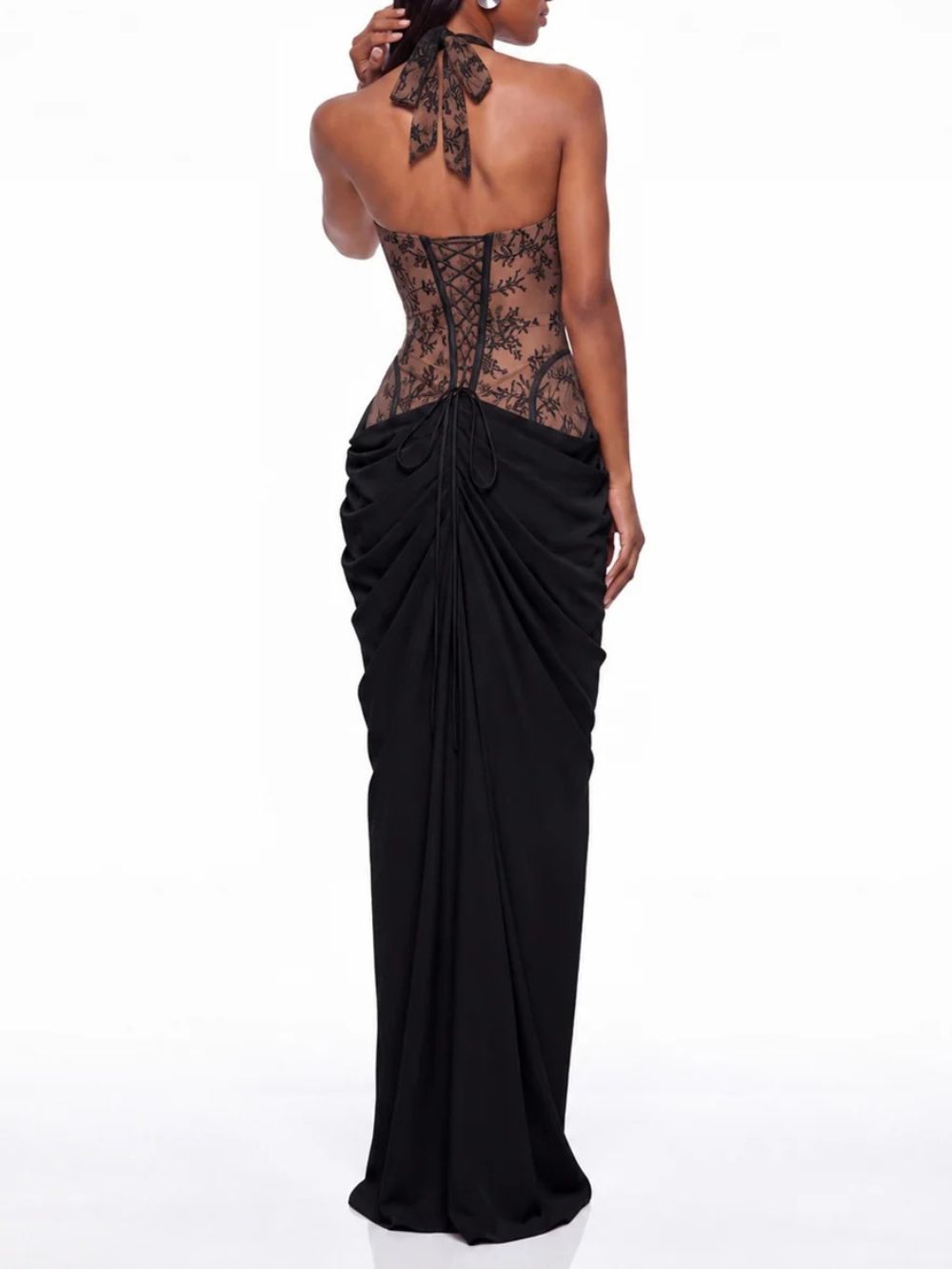 Fujiye Halterneck Lace Corset Split Dress In Black Flowering Girl