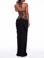 Fujiye Halterneck Lace Corset Split Dress In Black Flowering Girl