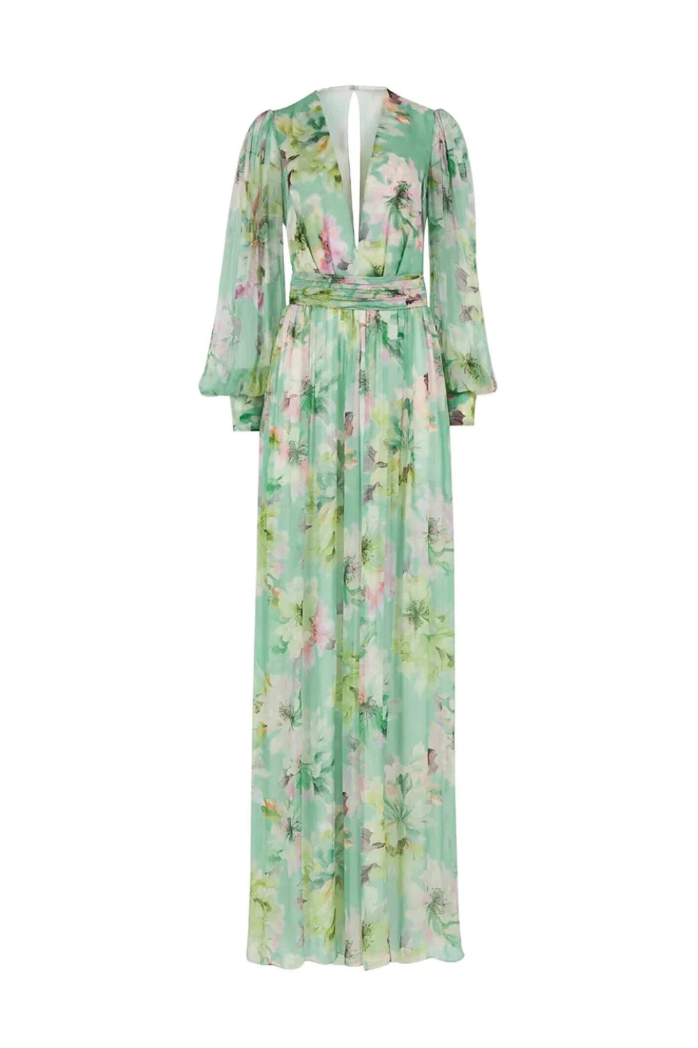 V Neck Floral Print Chiffon Maxi Dress In Green Flowering Girl