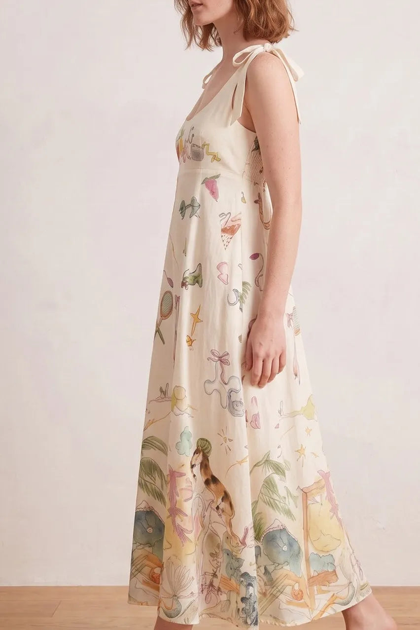 Bow Strap Whimsical Print Empire Midi Dress Flowering Girl