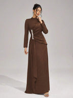Beulah Long Sleeves With Beading Pleated Maxi Dress In Brown Flowering Girl
