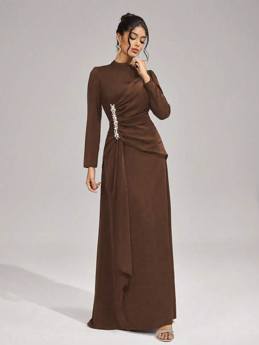 Beulah Long Sleeves With Beading Pleated Maxi Dress In Brown Flowering Girl