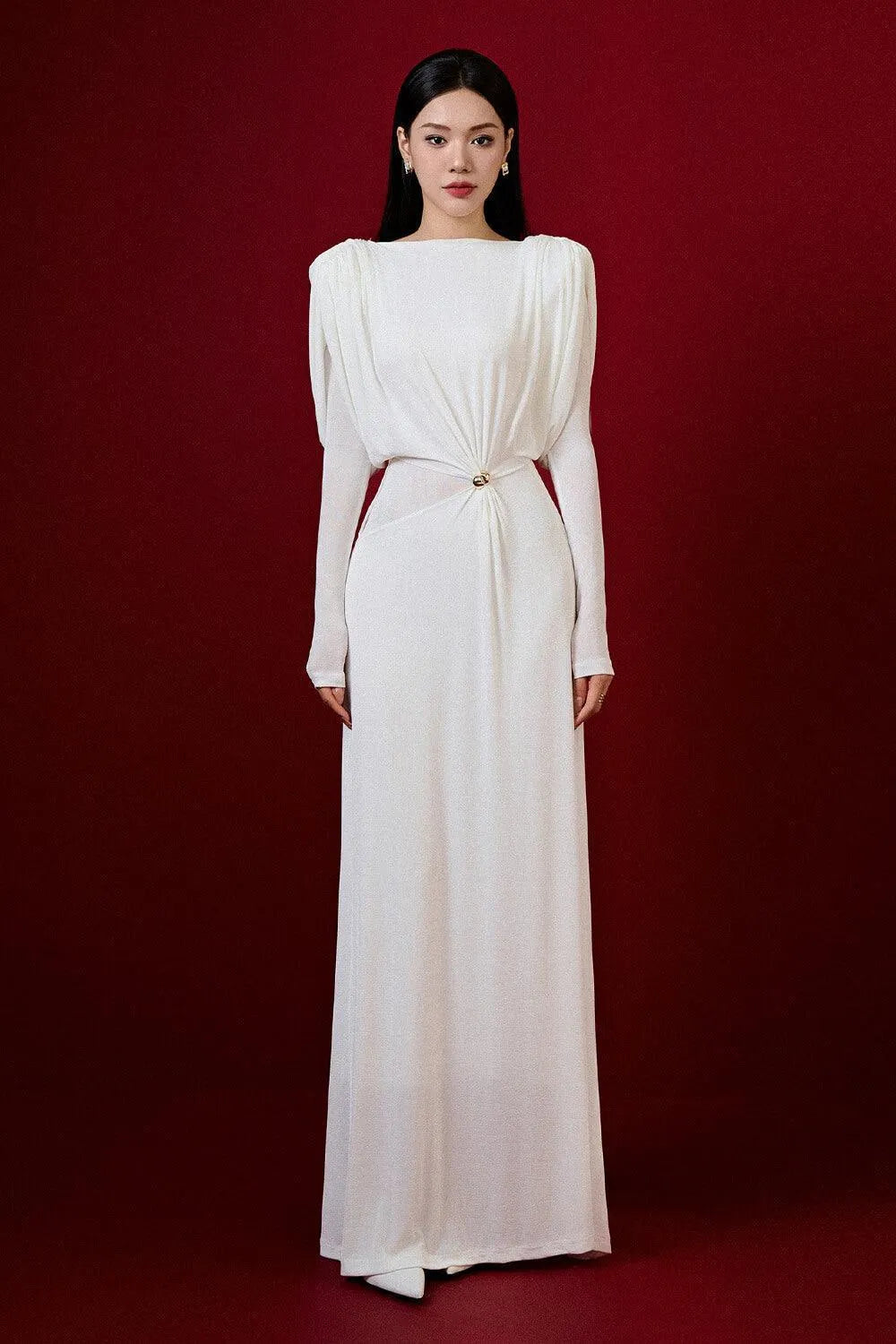 white straight boat neck knitted fabric maxi dress Flowering Girl