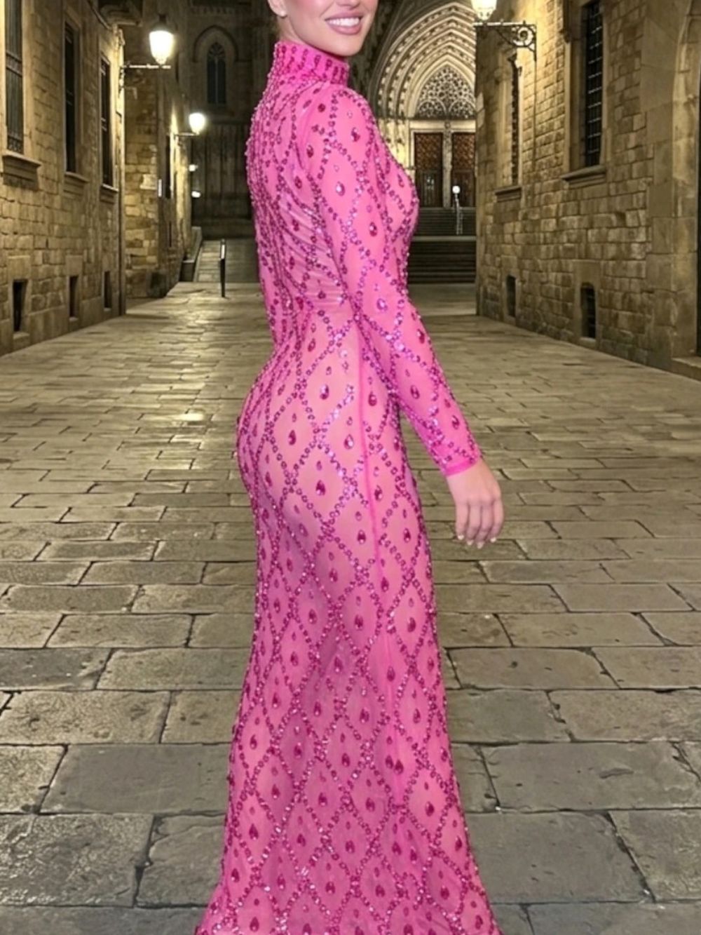 Long Sleeve Embellished Sequin Mesh Maxi Dress Hot Pink Flowering Girl
