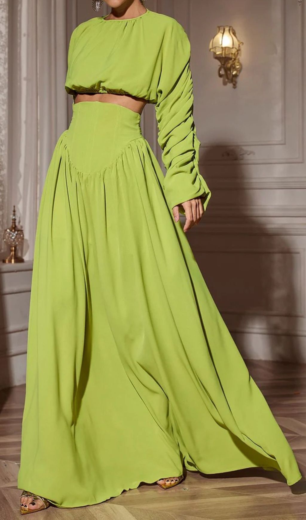Cricket Green Long Sleeve Ruched Skirt Set Flowering Girl