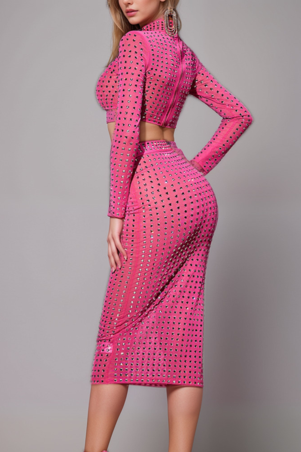 Embellished Split Mesh Skirt Set In Hot Pink Flowering Girl