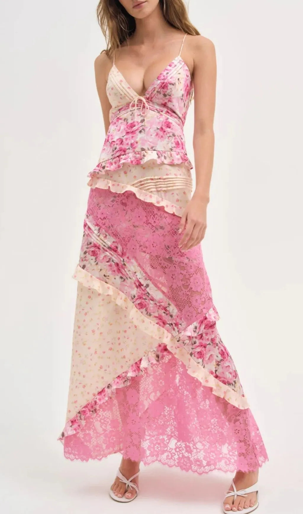 Georgia Coral Red V Neck Floral Print Lace Maxi Dress Flowering Girl