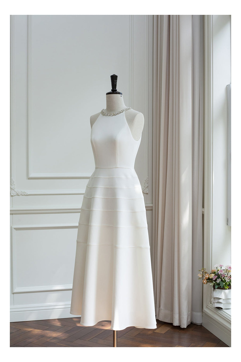 Sleeveless halter neck with diamond midi dress in white Flowering Girl